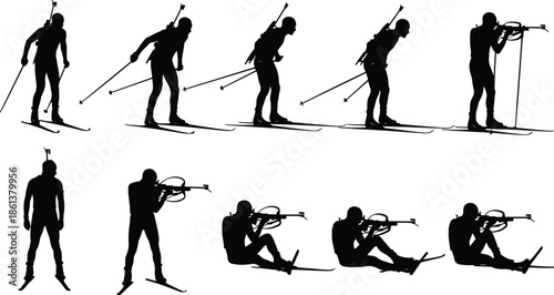 Set of biathlon athlete silhouettes, winter sports professional cross country skiing and shooting positions, isolated vector icons for competition events and training graphics