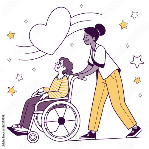 Caring companion assisting elderly in wheelchair
