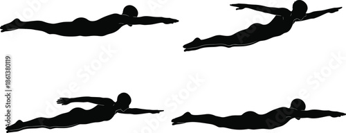Set of black silhouettes of swimmers diving and swimming under water, male athletes in various positions isolated on white background vector illustration,