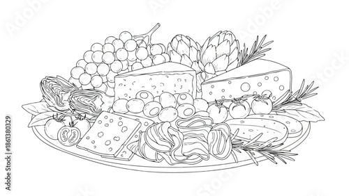 Hand drawn sketch of a gourmet cheese and grape platter