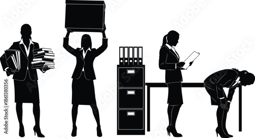 Set of Businesswoman Silhouettes in Office Situations Carrying Heavy Boxes, Holding Folders, Organizing Files, and Feeling Exhausted at Work, Isolated on White,