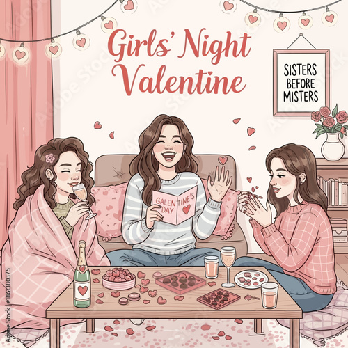 Three happy young women enjoying a cozy Valentines Day girls night in sharing snacks and laughter.