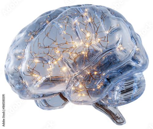 Intricate glowing neural network within a translucent human brain representing advanced thought isolated on transparent background