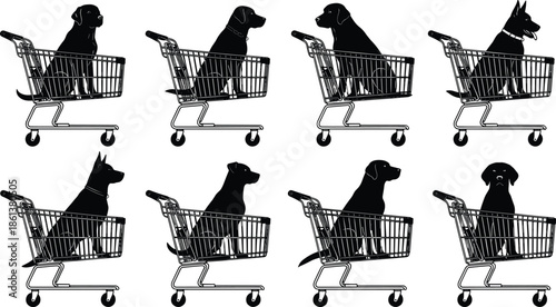 Set of dog silhouettes sitting in shopping carts, pet friendly store icons, labrador and shepherd breeds in retail trolleys, vector illustration, animal.