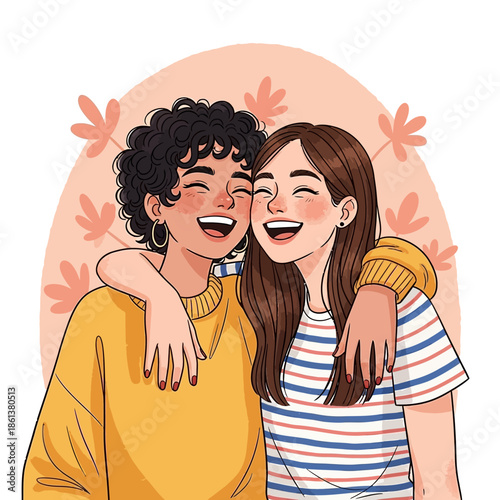 Two happy women embracing and laughing together in a warm illustration.