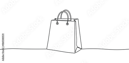 Minimalist continuous line drawing of a shopping bag with handles standing a line art