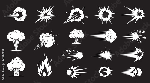 Comic energy explosion, energy explosion silhouette, cartoon white explosions, fireballs and blast, dynamic boom comic style flame smoke clouds bursts, boom explode vector silhouettes