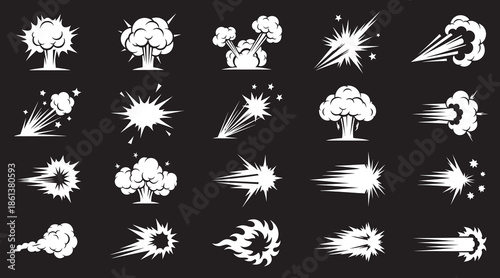 Comic energy explosion, energy explosion silhouette, cartoon white explosions, fireballs and blast, dynamic boom comic style flame smoke clouds bursts, boom explode vector silhouettes