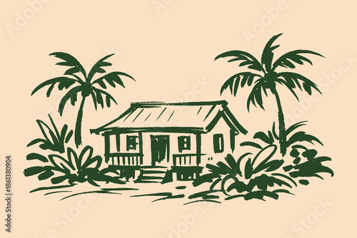 Tropical hut with palm trees ink sketch vector illustration