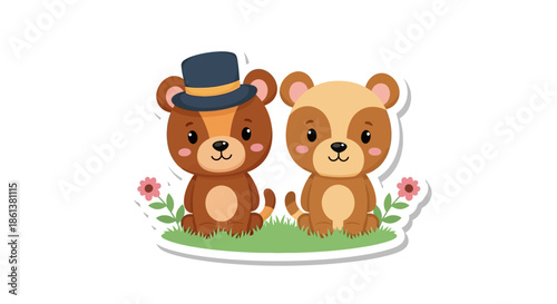 Cute cartoon bear couple sitting together on grass with flowers and one bear wearing a hat, illustration for nursery or greeting card design