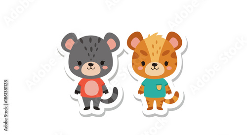Two cute cartoon animals wearing colorful shirts standing side by side on white background, smiling and looking friendly, with shadows behind them