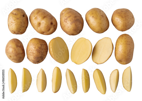 Potatoes and sliced potatoes isolated on transparent background