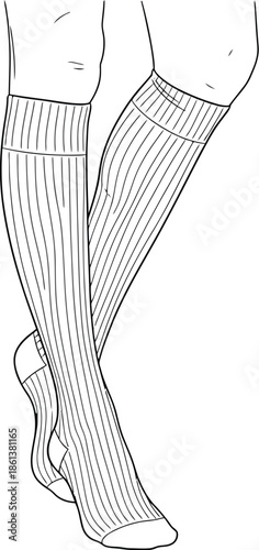 Outline drawing of a female lower body wearing long ribbed knee high socks illustrates hosiery fashion concept clearly.