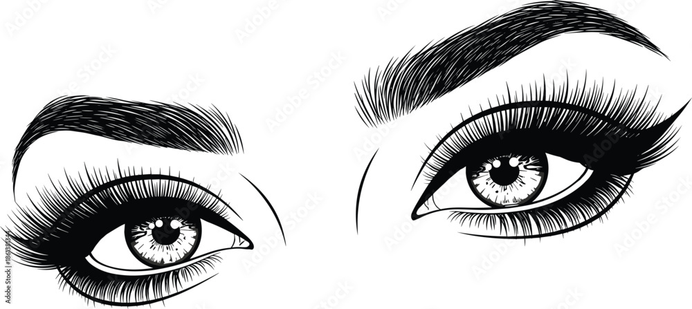 Fototapeta premium Beautiful female eyes vector illustration featuring long eyelashes and thick eyebrows in detailed black and white style