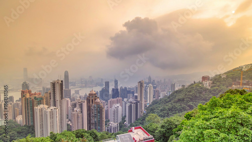 The famous view of Hong Kong from Victoria Peak timelapse. Taken at sunrise w...