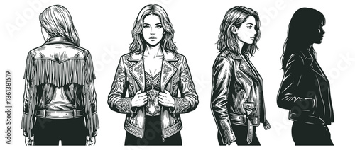Stylish Women Adorned in Classic Leather Jackets, Showcasing Diverse Poses and Views