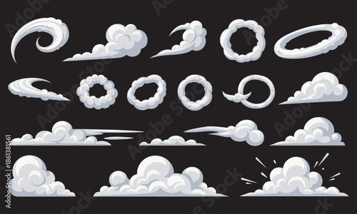 Explosive smoke cartoon clouds, bomb blast cartoon effects, explosion and dust swirl elements, fog and mist shapes, bomb smoky explosions, vector illustration