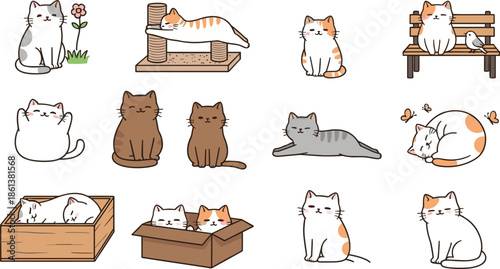 Cute cartoon cat character collection featuring kittens sleeping playing and sitting in various poses isolated on white background