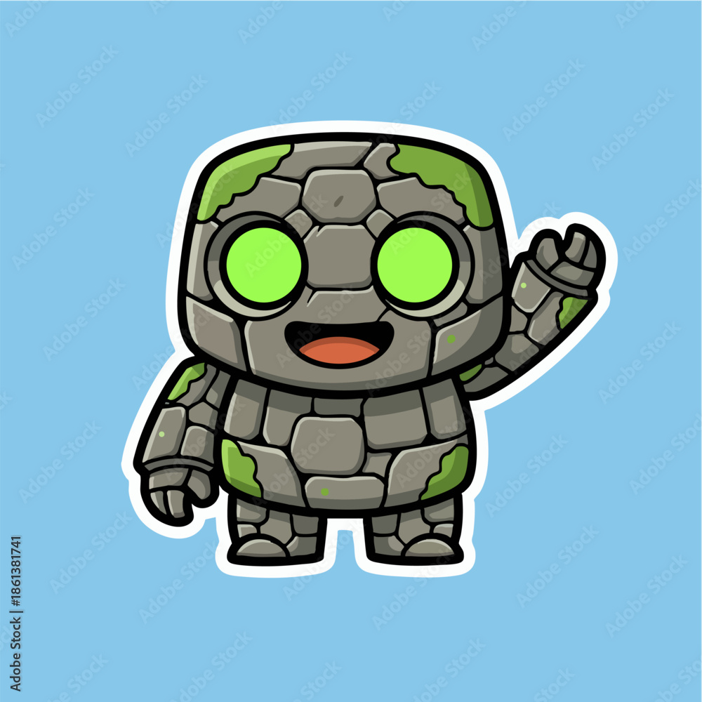 Obraz premium Adorable Stone Golem Character Mascot Waving Hand Gesture