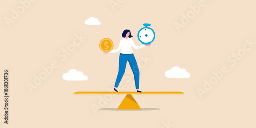 Balancing financial decisions A woman weighs time and money on a scale