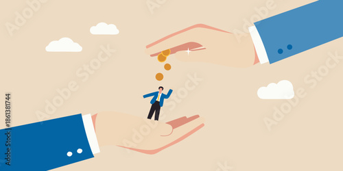 Hands exchanging money with a tiny person walking on falling coins