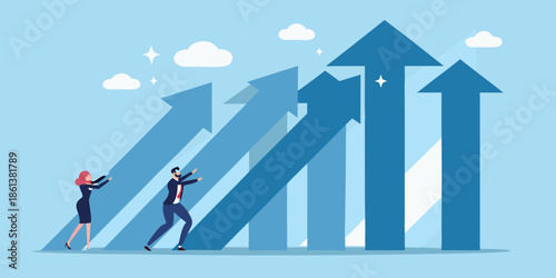 Teamwork pushing large blue arrows upwards towards success and growth