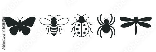 A stylized collection of various insect and bug silhouettes for modern graphic design projects and digital illustrations