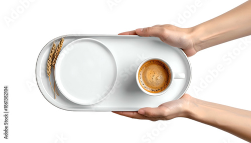 Hands holding a modern, white, oval tray with coffee, a plate, and wheat, isolated