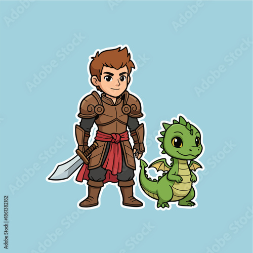 Cartoon Warrior with Sword and Cute Baby Dragon Illustration