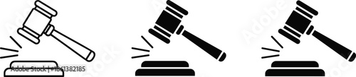 Judge gavel vector icon set featuring outline and silhouette styles for law justice and auction concepts