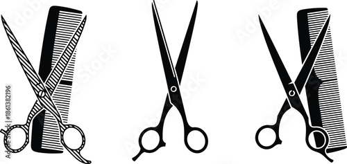 Professional barber shop tools vector set featuring scissors and combs in black silhouette style isolated on white