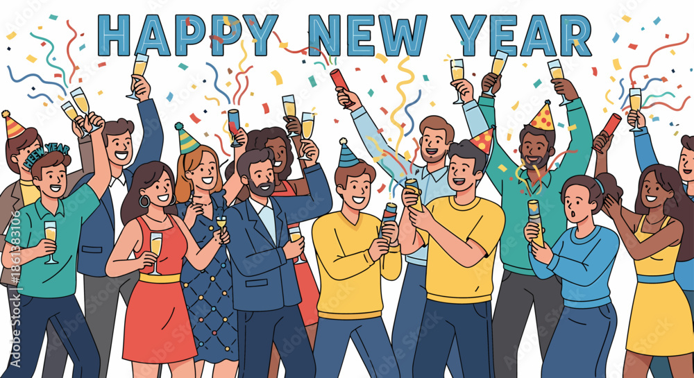 Obraz premium Celebrating the New Year with Joyful People, Confetti, and Champagne Toasting a Happy New Year