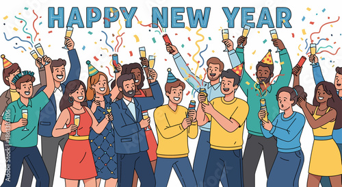 Celebrating the New Year with Joyful People, Confetti, and Champagne Toasting a Happy New Year