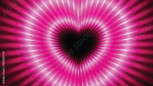 A vibrant pink neon heart tunnel with radial light rays abstract background for love and romance themes.