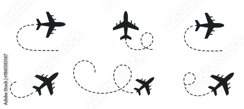 Collection of Airplane Icons with Dotted Lines Representing Air Travel Journeys and Routes