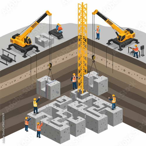 Construction site with cranes and workers building foundation.