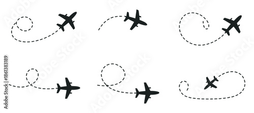 Airplane routes with dotted lines showing flight paths in a travel concept