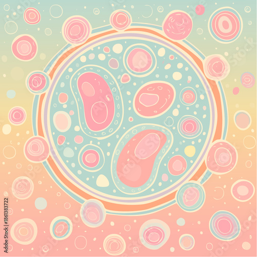 Illustration stylisée de cellules souches en environnement biologique