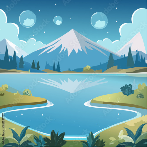 Paysage de montagne féerique sous ciel étoilé avec bulles nuageuses