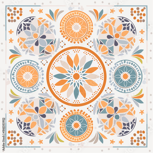 Motif d’Émail Décoratif : Rosace Colorée et Symétrique, bleu, orange