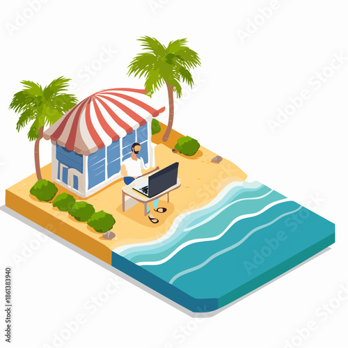 Nomade Digital au Bord de la Mer : Travail et Liberté en Illustration,3D isométrique