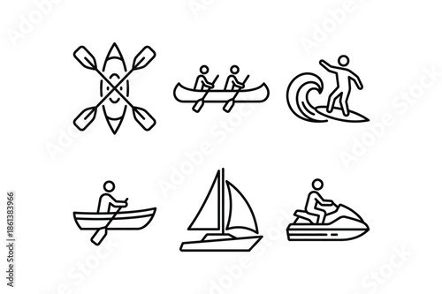 Six line icons depicting various water sports and activities on a white background