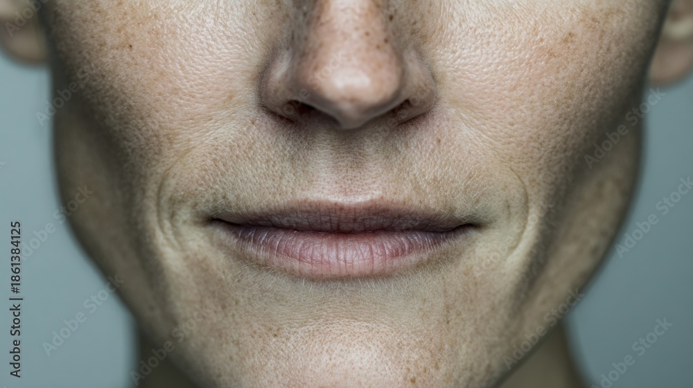 Obraz premium Close-up Portrait of a Person Showing Natural Skin Texture and Genuine Emotion in Soft Light With Space for Text Below