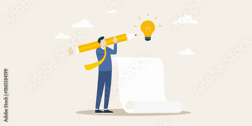 A businessman draws a bright idea with a pencil shaped lightbulb