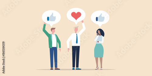People interacting with social media icons likes and hearts in speech bubbles
