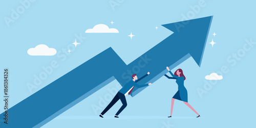 Teamwork propelling growth two people climbing a large blue upward arrow