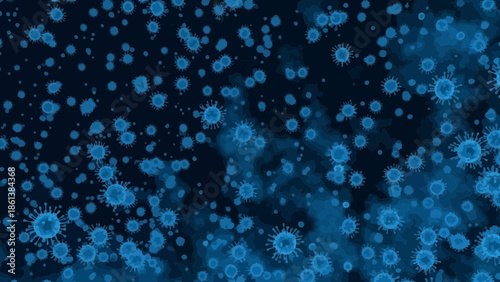 Blue virus particles floating on a dark background with subtle smokey effects
