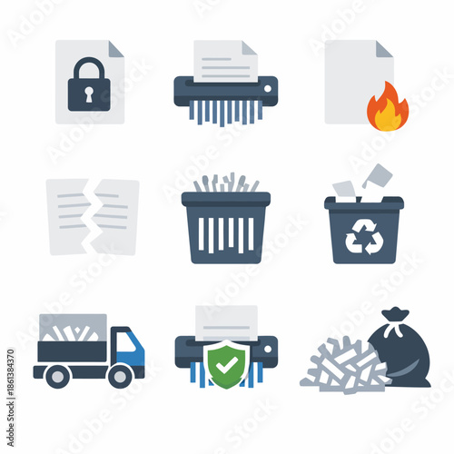 Document security icons including shredder, bin, fire, and lock elements