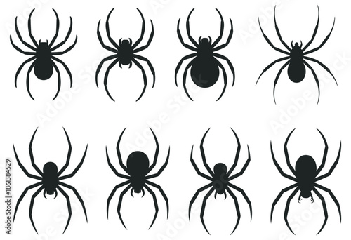 Collection of stylized spider icons and symbols for Halloween and graphic design