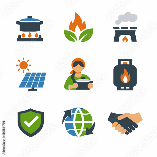 Sustainable energy icons set including solar, biomass, and gas